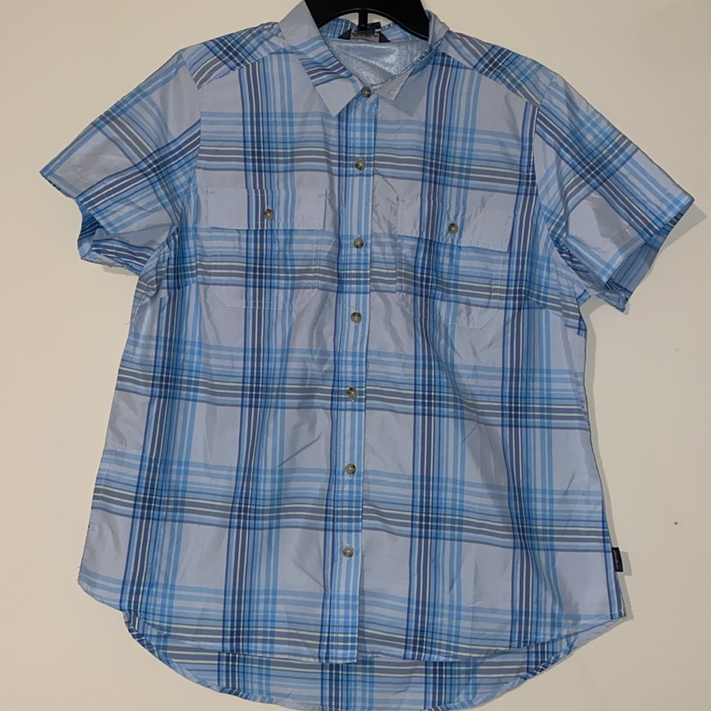 NWT Women’s Eddie Bauer short sleeve adventure shirt large blue plaid UPF 50
